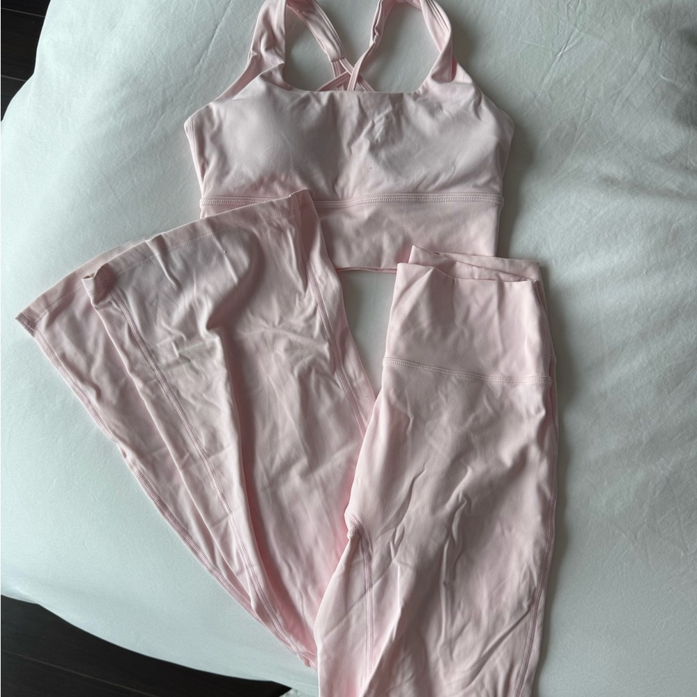 Excerce Baby Pink High Rise Flare Leggings with matching sports bra
